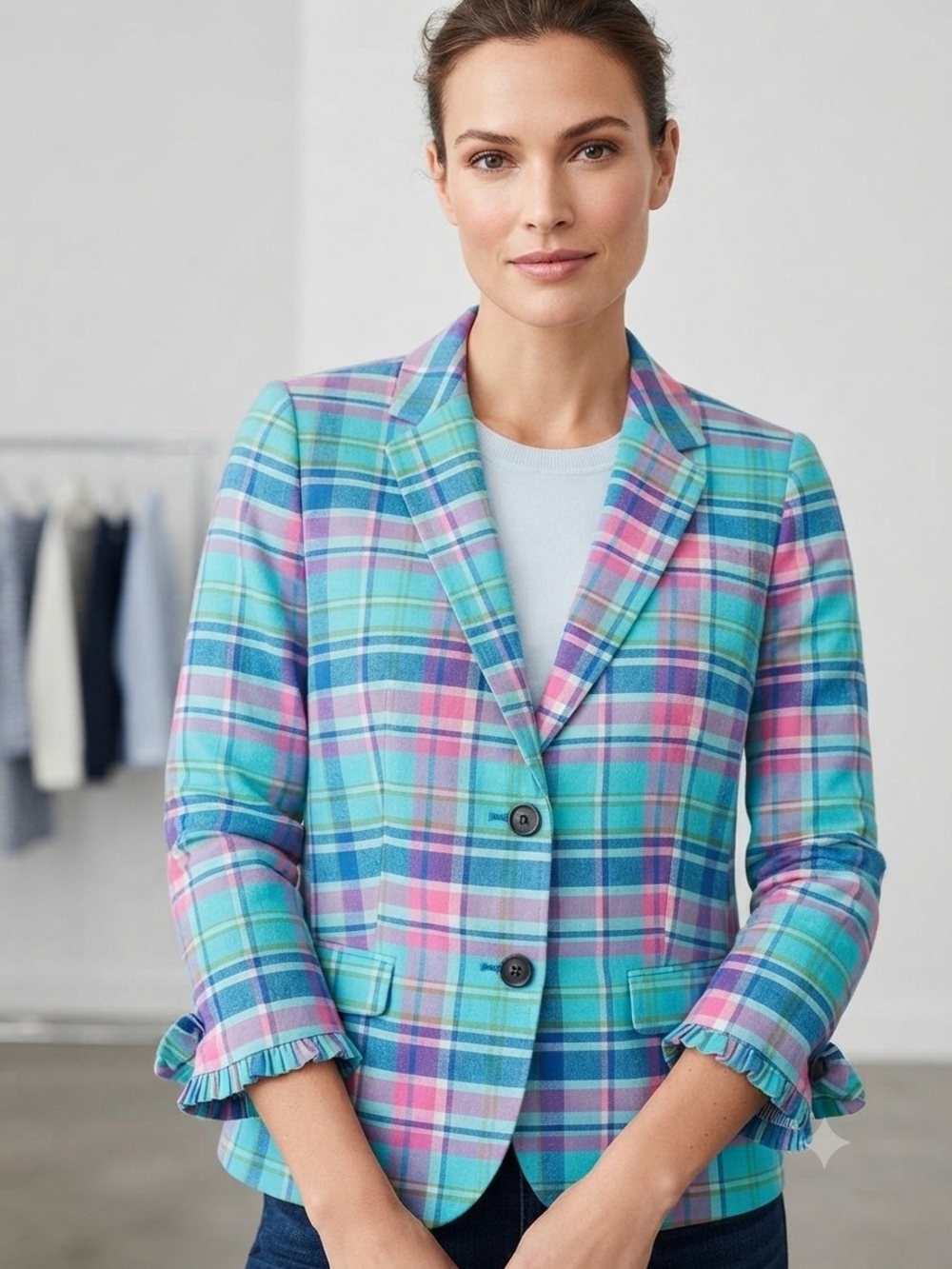 Talbots Multi Color Plaid Linen Blend 2-Button Blazer 12P